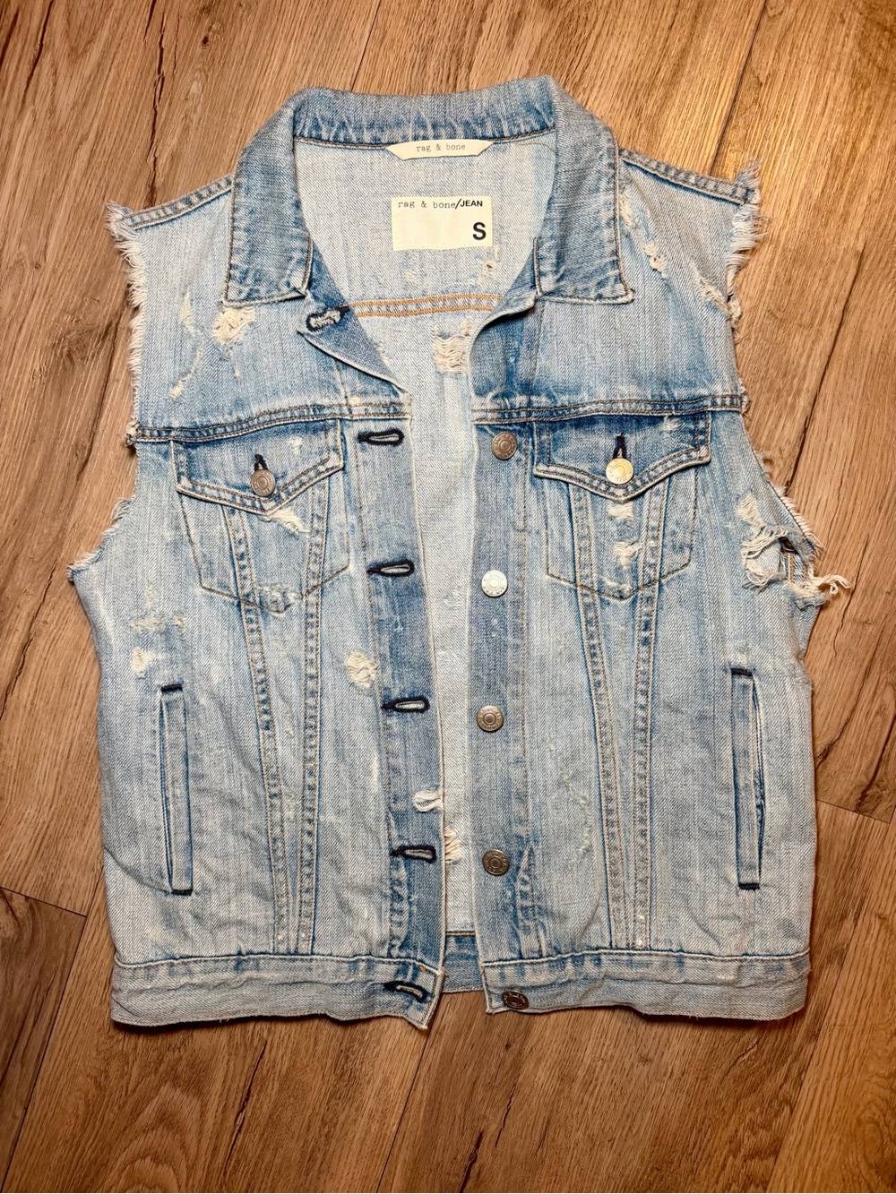 90s rag & bone Light Blue Distressed Sleeveless Denim Jacket women’s small